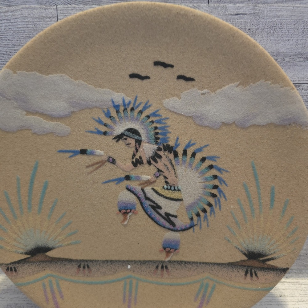 Vintage Southwestern Sand Art Plate‎ Kokopelli Native Dancer Signed P Steele